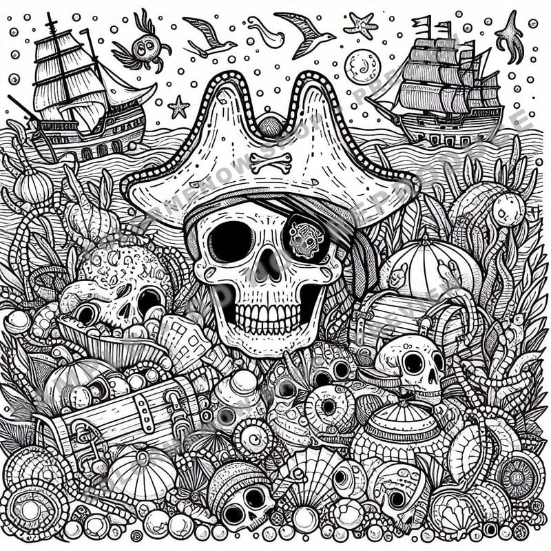 Skull Realms: Abyssal Treasure Coloring Pages - Sample Page 1
